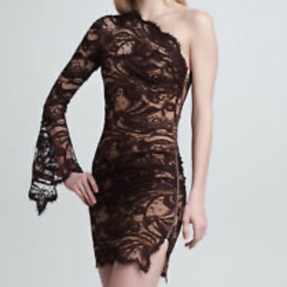 NWT New Emilio Pucci ONE SHOULDER GUIPURE LACE VISCOSE DRESS Brown Sz 6 - Picture 2 of 13